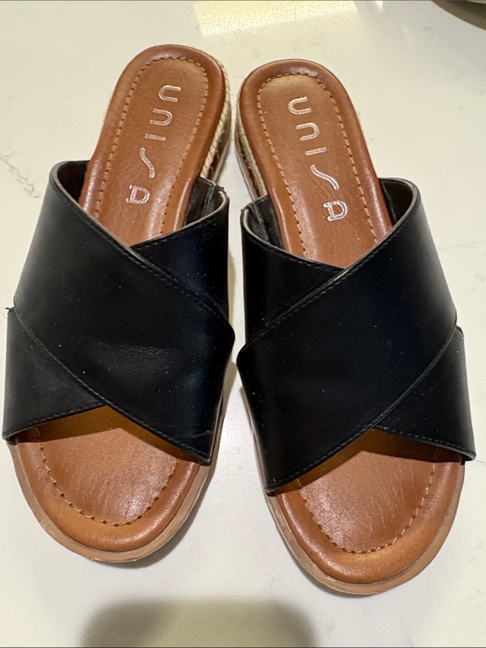 Unisa Black Cross-Band Slide Sandals with Tan Footbed